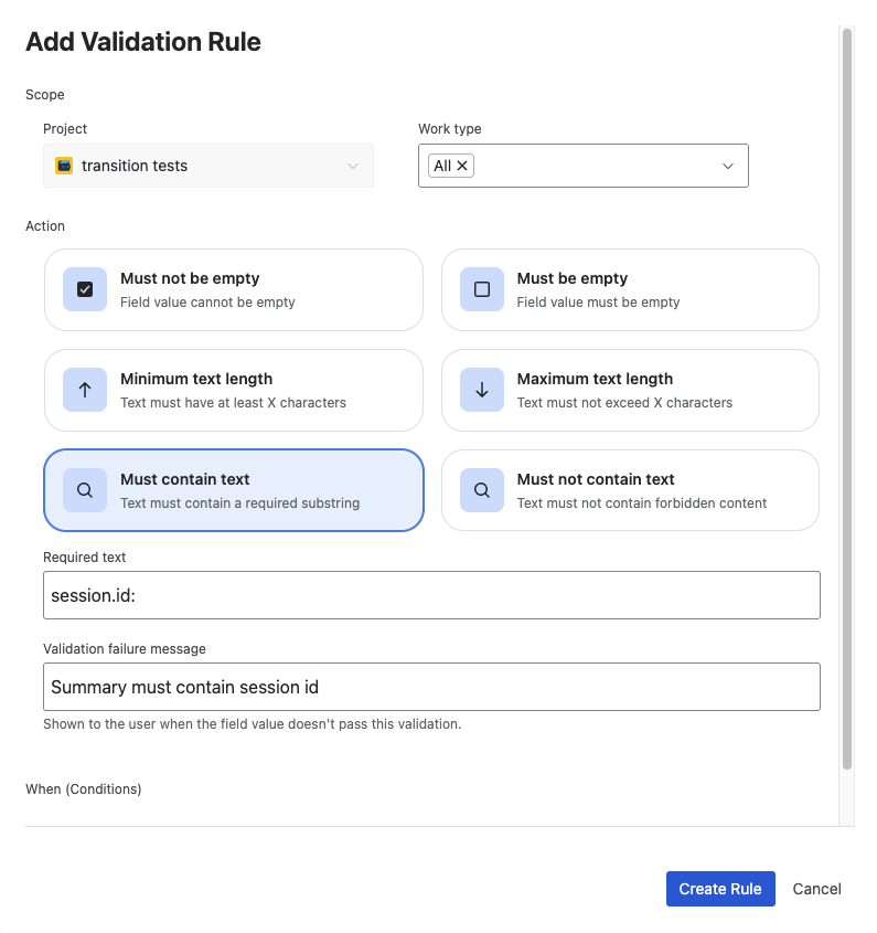 Configuration modal for Must contain text