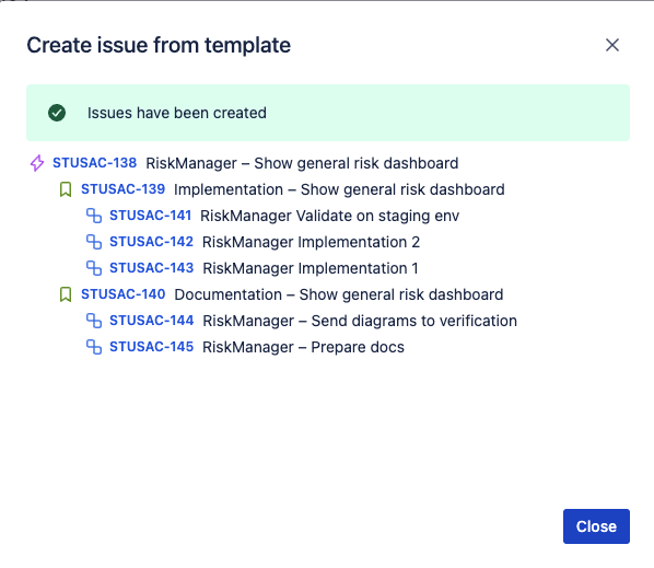 Create issues from template with hierarchy