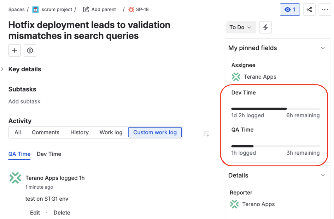 Three custom time tracking fields on a single Jira issue — Dev Estimate, QA Estimate, and SLA Time