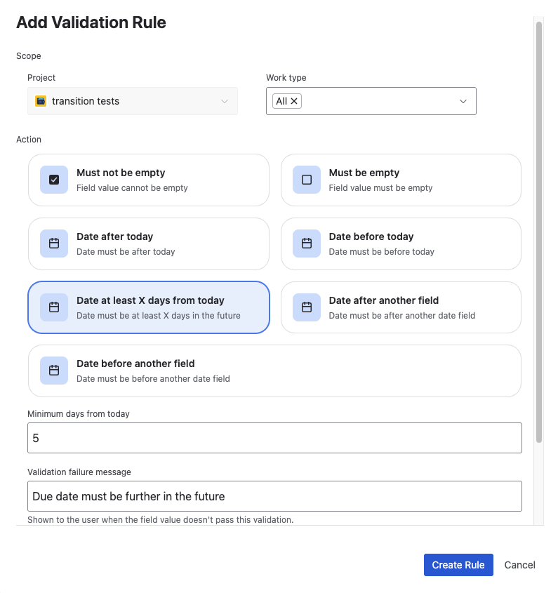 Configuration modal for Date at least X days in future