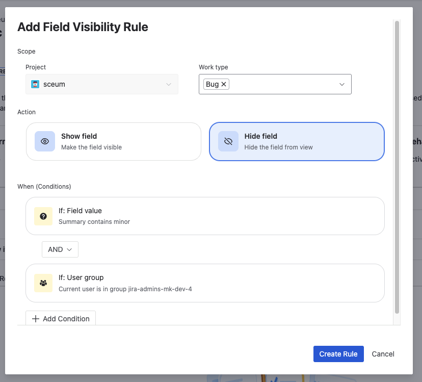 The condition builder selecting a field and value — define when the rule fires.