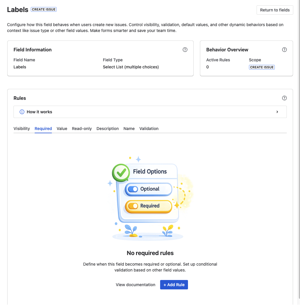 The Formify configuration panel for a field, with the dynamic-form rule types as tabs — Visibility, Required, Value, Read-only, Description, Name, and Validation.