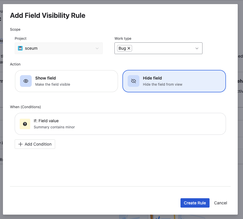 The rule builder with a condition (Issue Type = Bug) and a Show action on the Root Cause field — one condition, one action, no code.