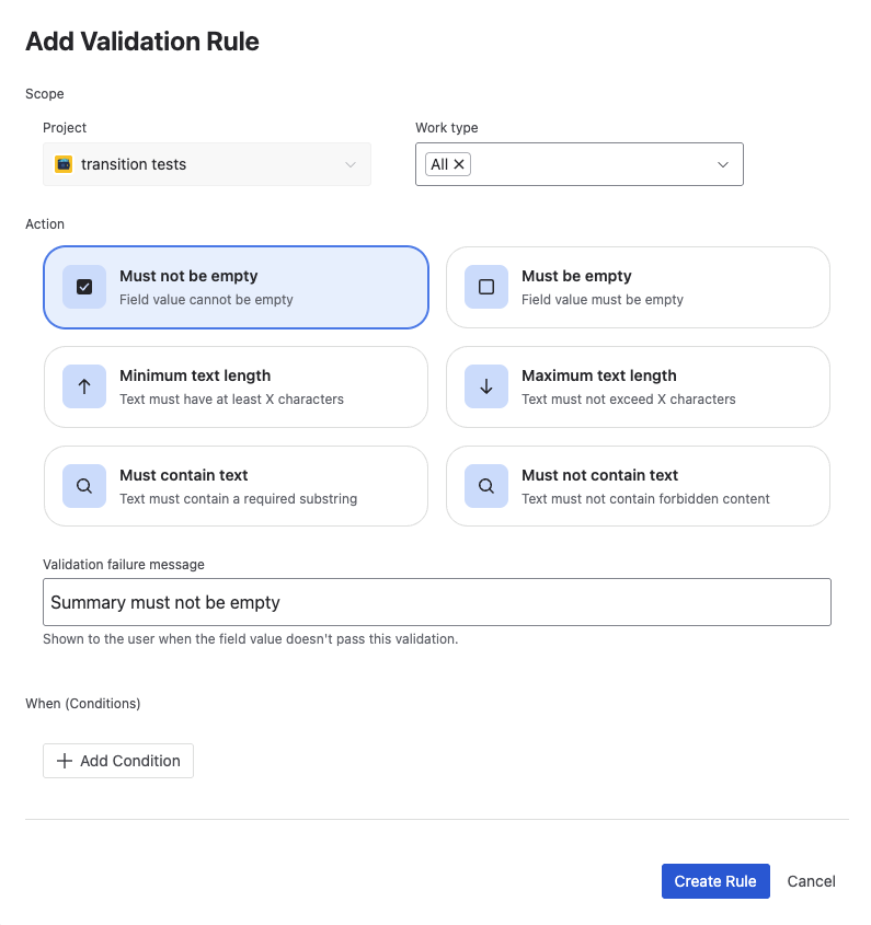 Configuration modal for Must not be empty