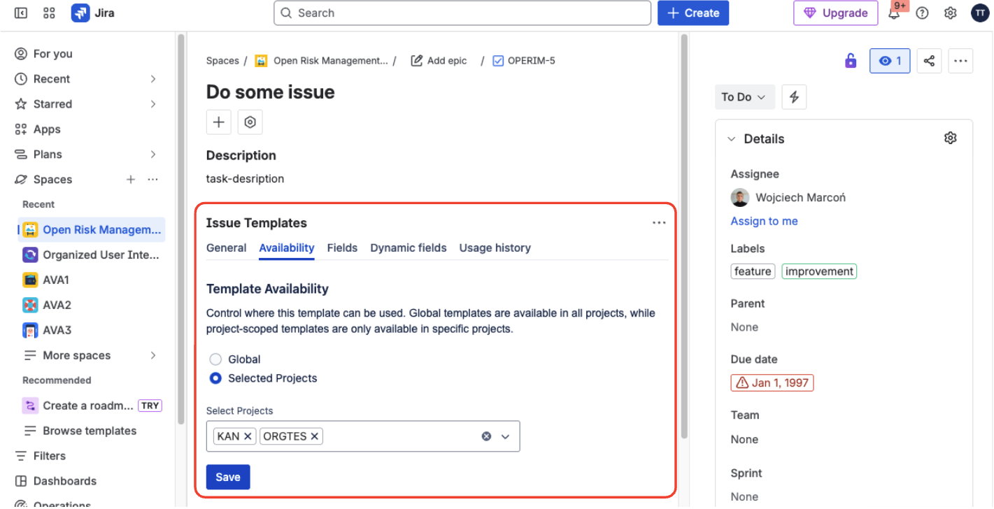 Template availability and governance in Jira