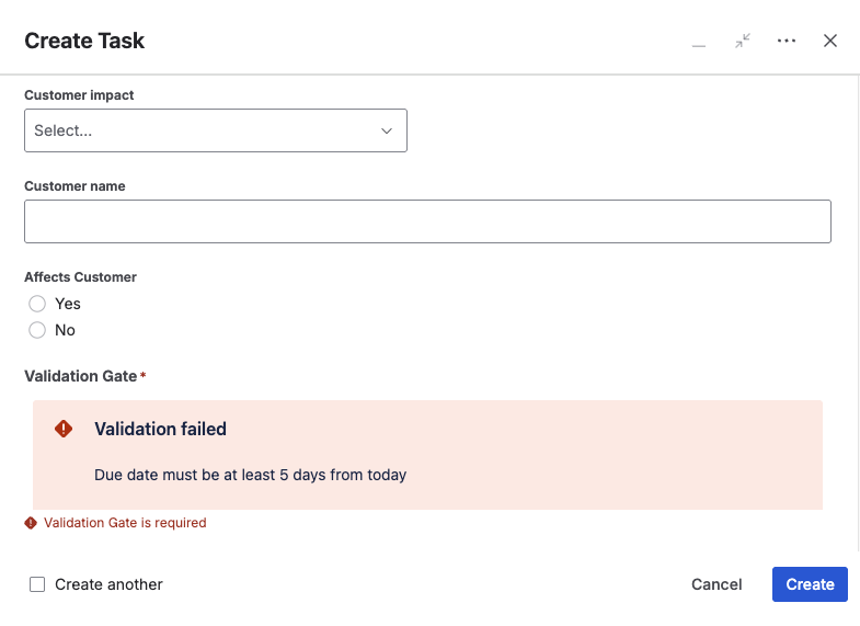 Validation Gate field in Create Issue form