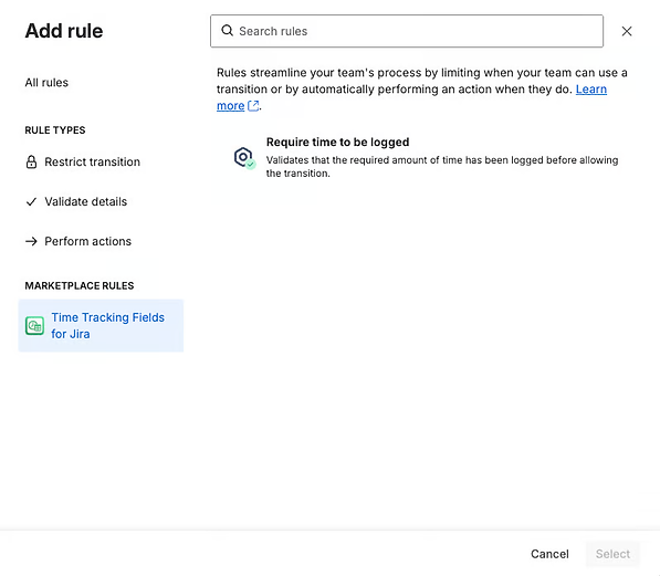 Add rule dialog with Require time to be logged validator