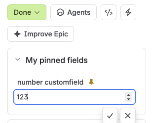 The same work item in Done viewed by a group member: the number field is open in an inline editor with confirm and cancel buttons