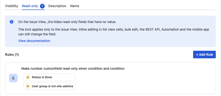 The Read-only tab of a field in Formify, with one rule: make the field read-only when Status is Done and User group is not site-admins