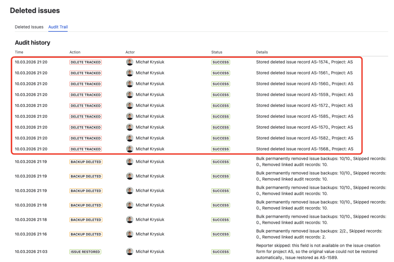 Restorify Audit Trail showing a burst of DELETE_TRACKED events from the same user within seconds — the signature of a bulk deletion incident