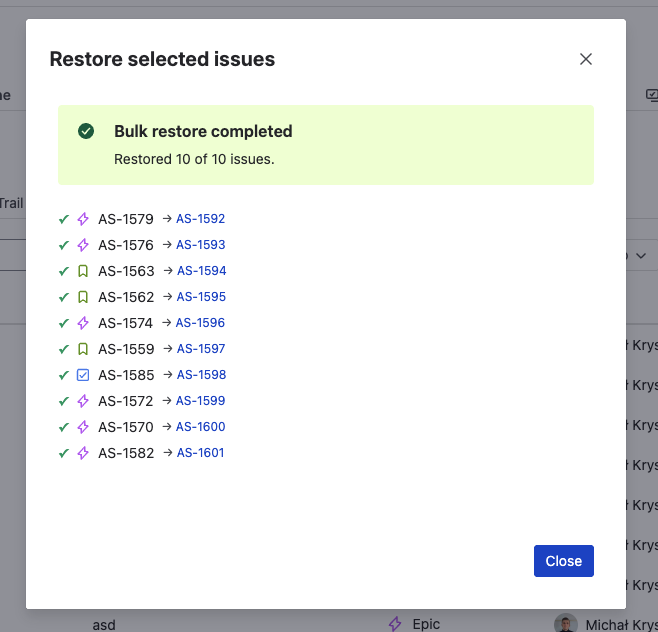 Restorify bulk restore completed modal showing 10 of 10 issues restored with old and new issue key mapping