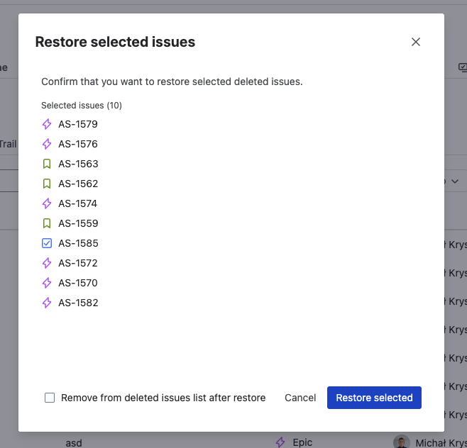 Restorify Restore selected issues modal showing 10 issues ready for bulk restore with Remove from list option