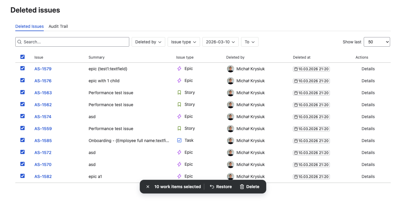 Restorify Deleted Issues panel with multiple issues selected and bulk action toolbar showing Restore and Delete buttons
