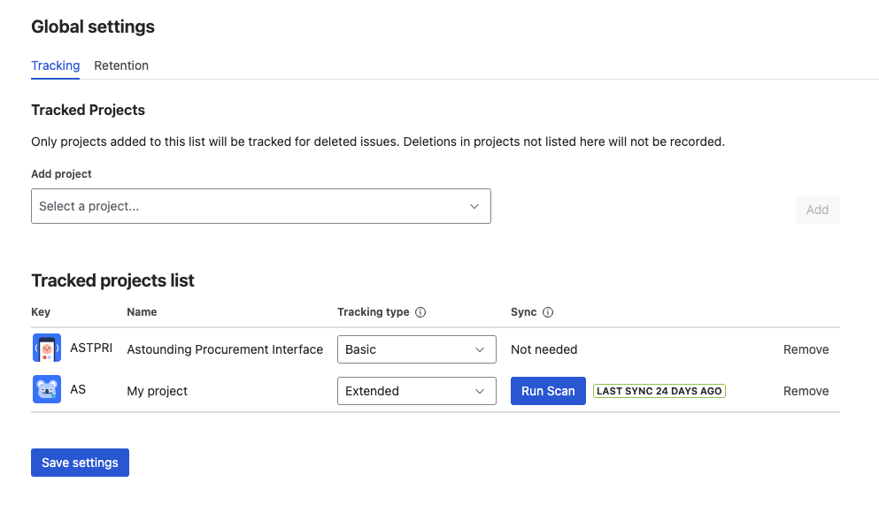 Restorify Global Settings showing Tracked Projects list with Basic and Extended tracking profiles and Run Scan option