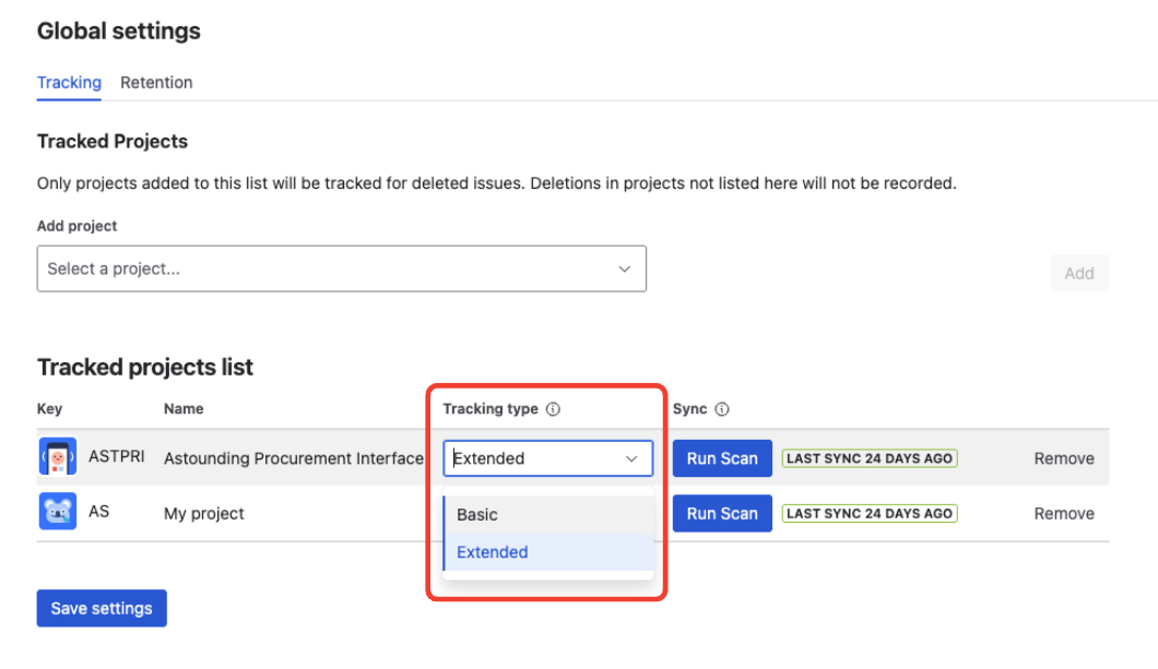 Restorify Tracked Projects settings with Tracking type dropdown open showing Basic and Extended options