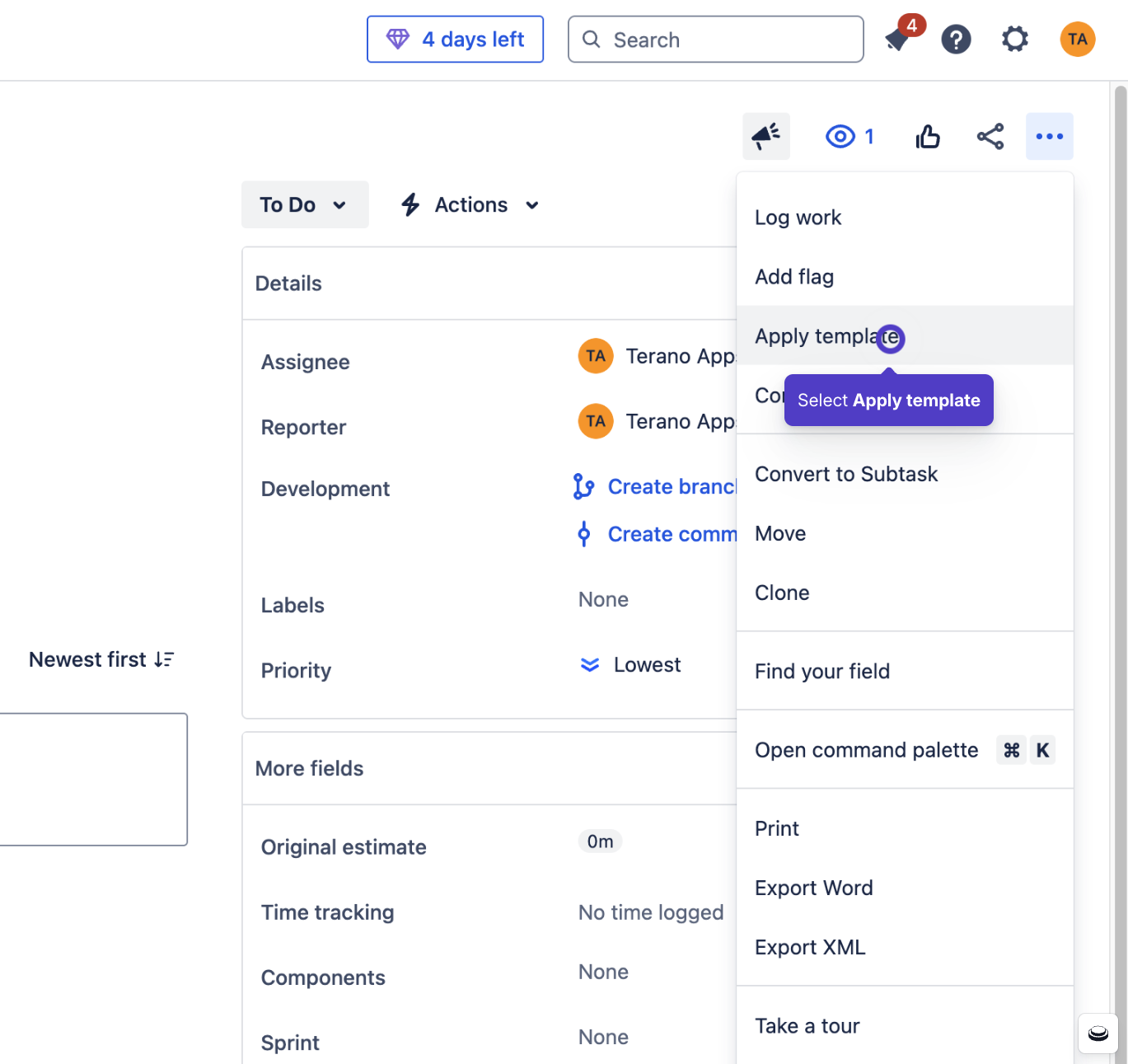 Jira issue Actions menu with "Apply Template" option highlighted, and the template selection dialog showing a hierarchy template with 3 subtask children