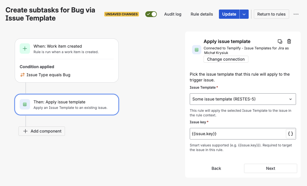 Jira Automation rule with "Work item created" trigger, "Issue Type equals Bug" condition, and Templify "Apply issue template" action selecting a hierarchy template
