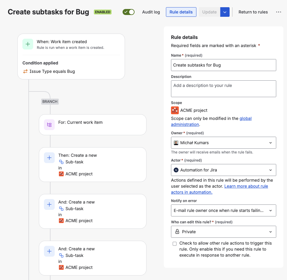 Jira Automation rule editor showing a "Create sub-tasks" branch action with four subtask summaries configured