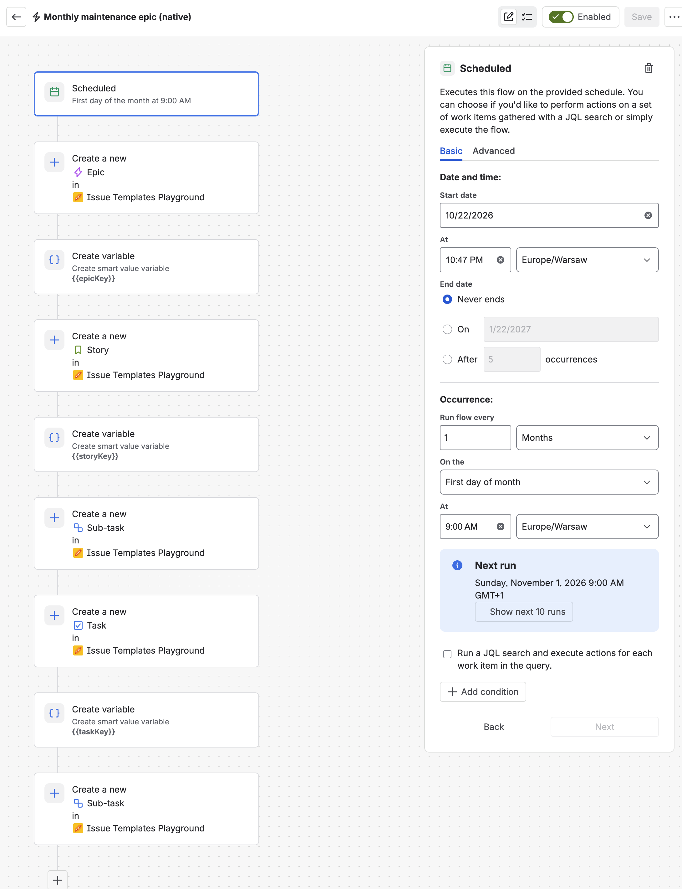 Native Automation flow: Scheduled trigger, then Create Epic, Create variable epicKey, Create Story, Create variable storyKey, Create Sub-task, Create Task, Create variable taskKey and Create Sub-task