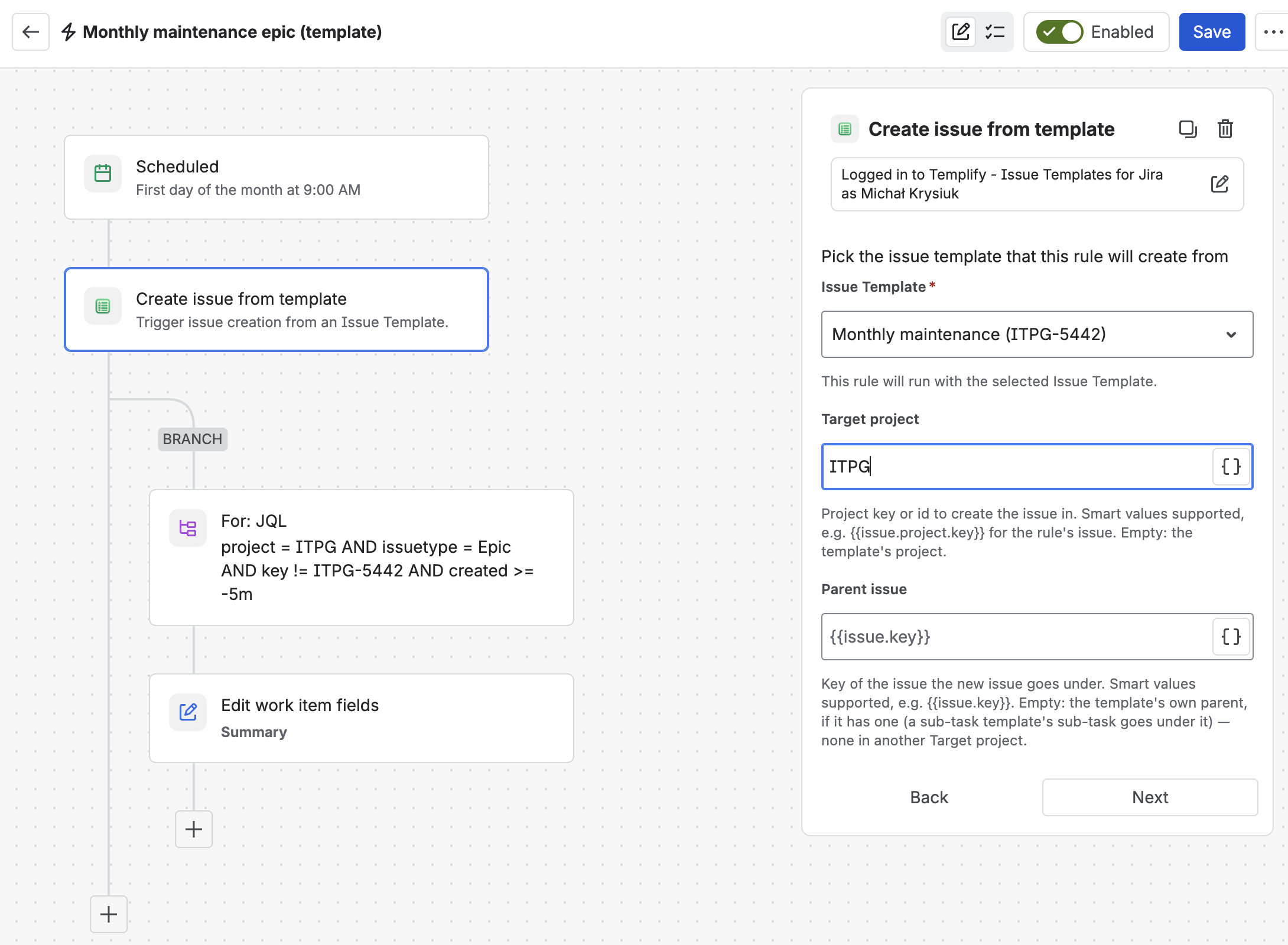 Automation flow: Scheduled trigger, Create issue from template with the Monthly maintenance template, then a JQL branch with Edit work item fields for the Summary