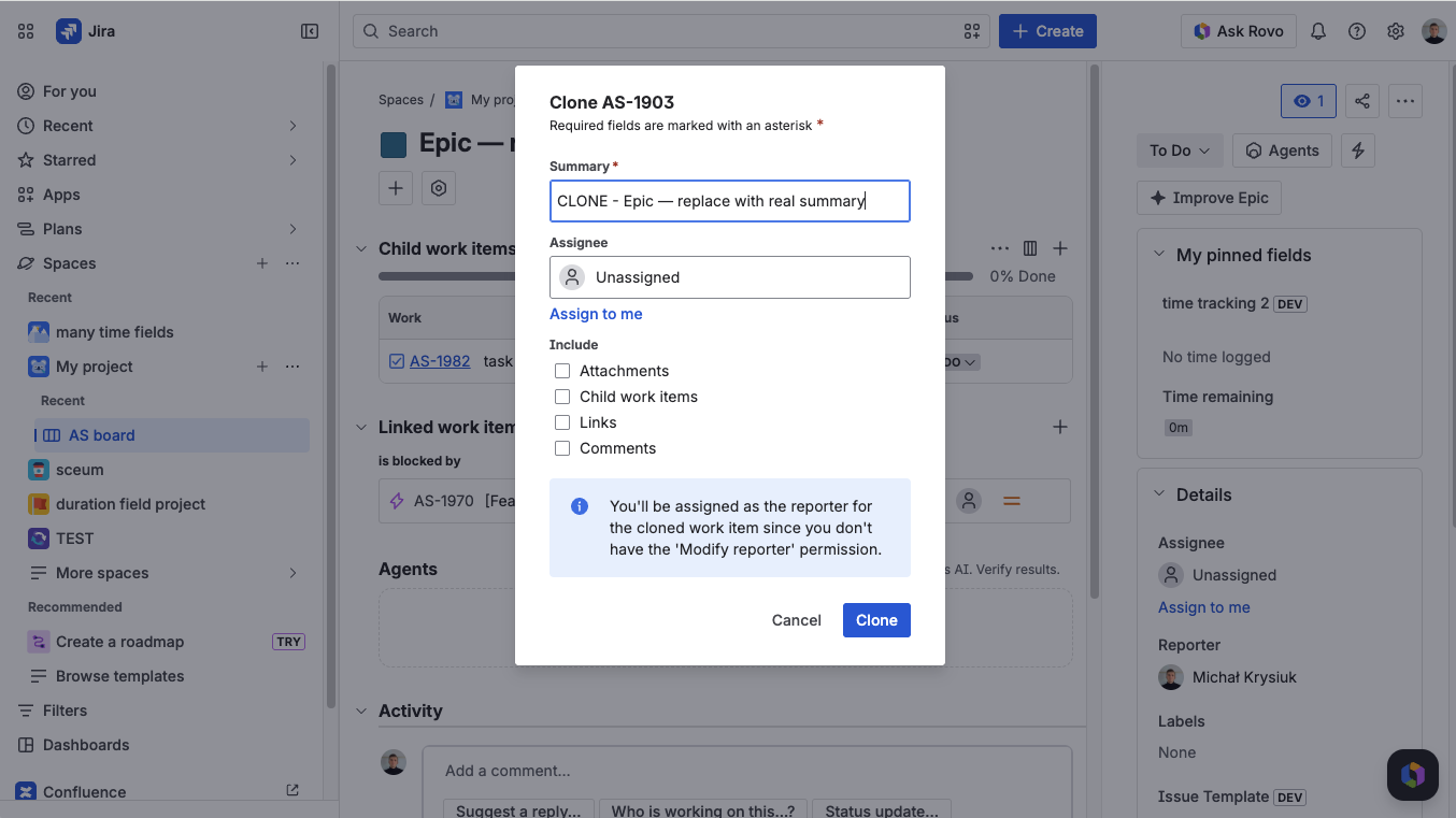Jira Clone dialog showing the CLONE - summary prefix and the Include section with Attachments, Child work items, Links, and Comments checkboxes