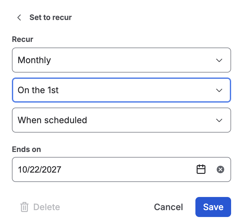 Set to recur panel on a Jira work item: Monthly, on the 1st, when scheduled, ending on October 22, 2027