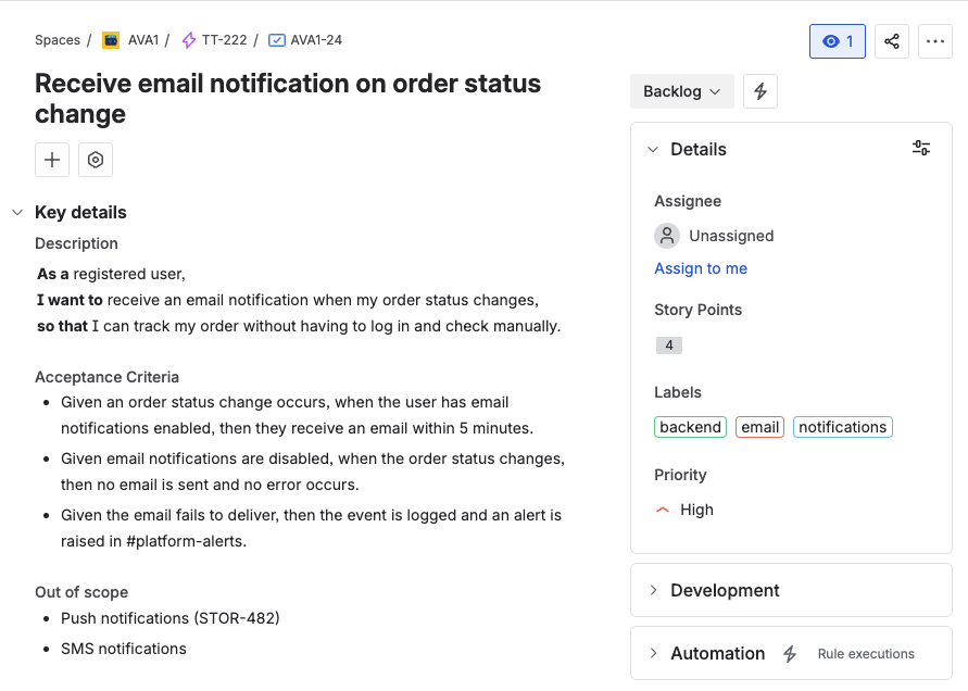 Jira user story with the template filled in — showing the As a / I want / So that format, acceptance criteria, out of scope section, and Jira fields