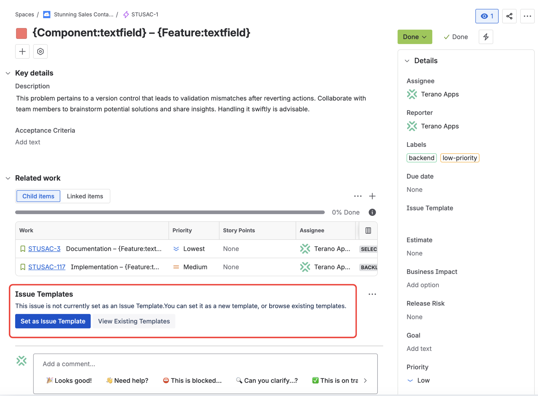 Jira Epic issue view with the Templify panel showing 'Set as Issue Template' button and child issues listed in the Related work section