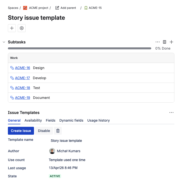 Templify hierarchy template with four subtask children (Design, Develop, Test, Document) and the Issue Templates panel showing template details