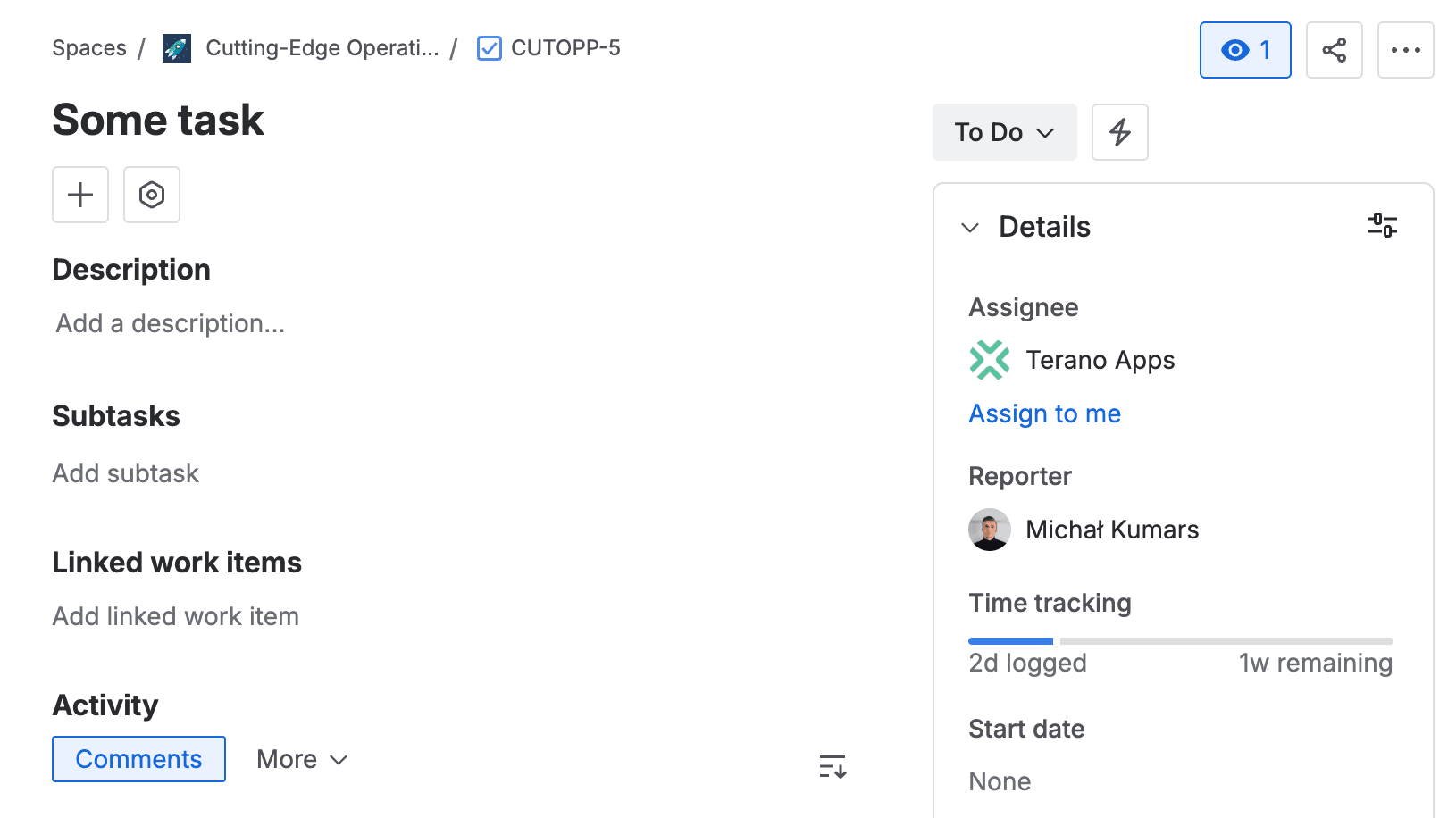 Jira's native Time Tracking field on an issue showing Original Estimate, Time Spent, and Remaining