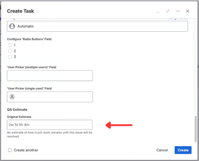 The Create issue dialog in Jira with a custom Time Tracking field accepting an original estimate value