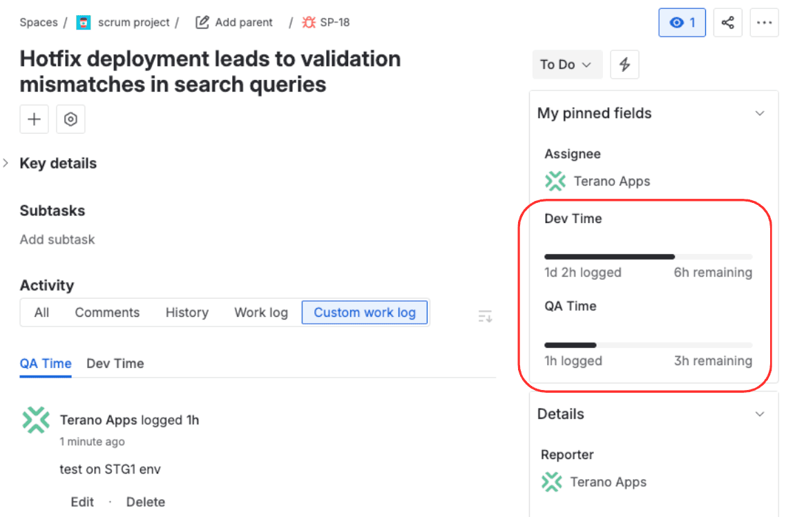Dev Time and QA Time custom Time Tracking fields side by side on a single Jira issue, each with logged and remaining time