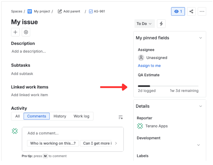 A custom Time Tracking field on the Jira issue view showing logged and remaining time with a progress bar