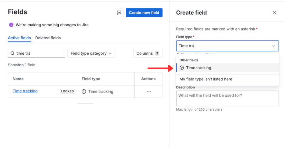 Jira custom-field type picker showing the Time tracking field type from Time Tracking Fields