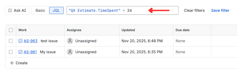 Jira issue search using a custom Time Tracking field in a JQL query, returning matching issues