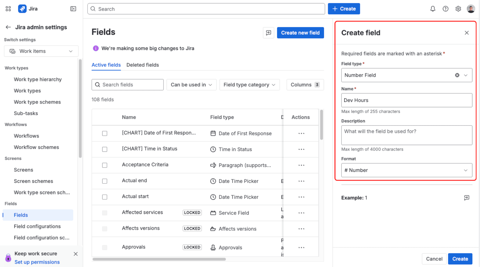 Jira admin settings Fields screen with the Create field panel open, Number Field type selected and the field named Dev Hours