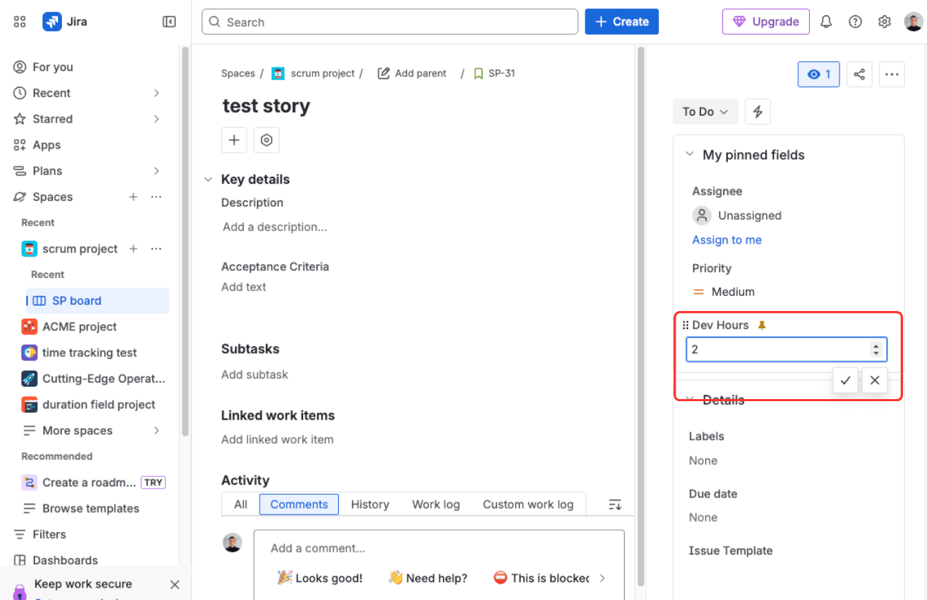 A Dev Hours number field on a Jira issue showing a plain value with no time formatting