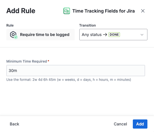 Workflow validator requiring logged time before a transition