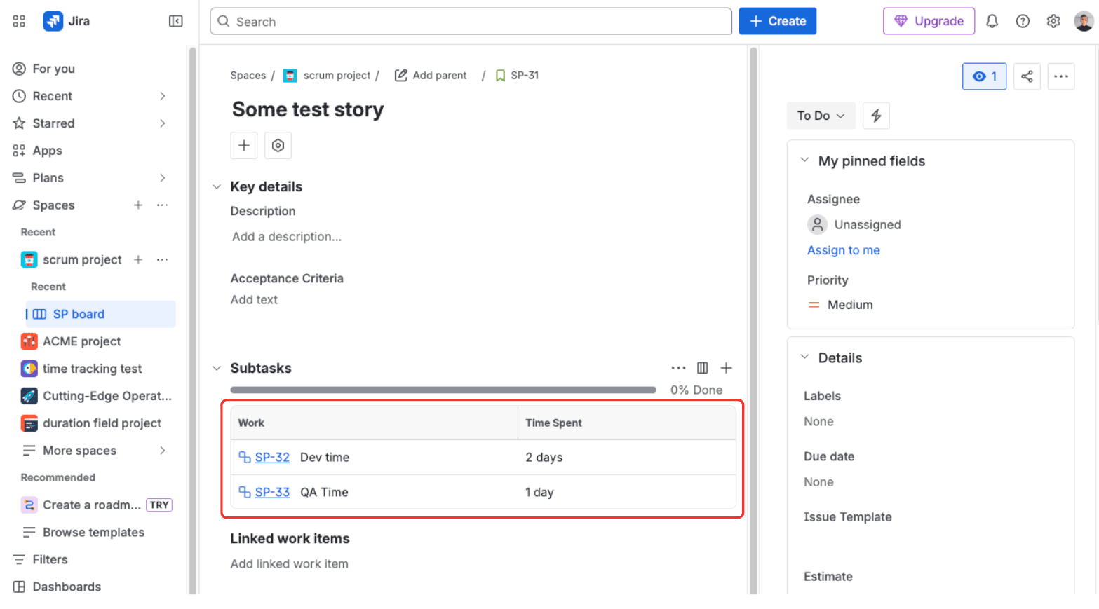 A parent Jira issue with Dev and QA subtasks, each carrying its own native Time Tracking, with the rolled-up total on the parent