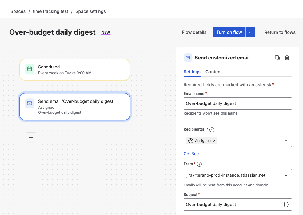 Jira Automation rule with a Scheduled trigger and a Send email action targeting the issue assignee