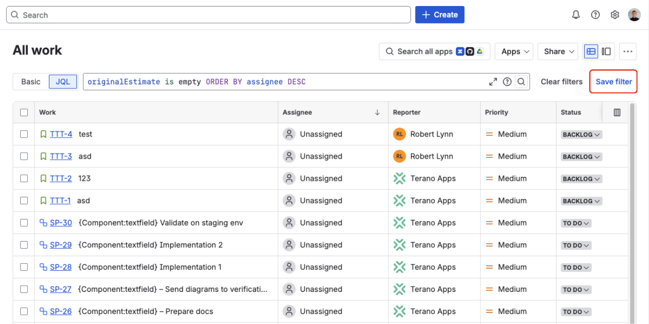 Jira issue navigator in JQL mode running a time tracking query with the Save filter button highlighted