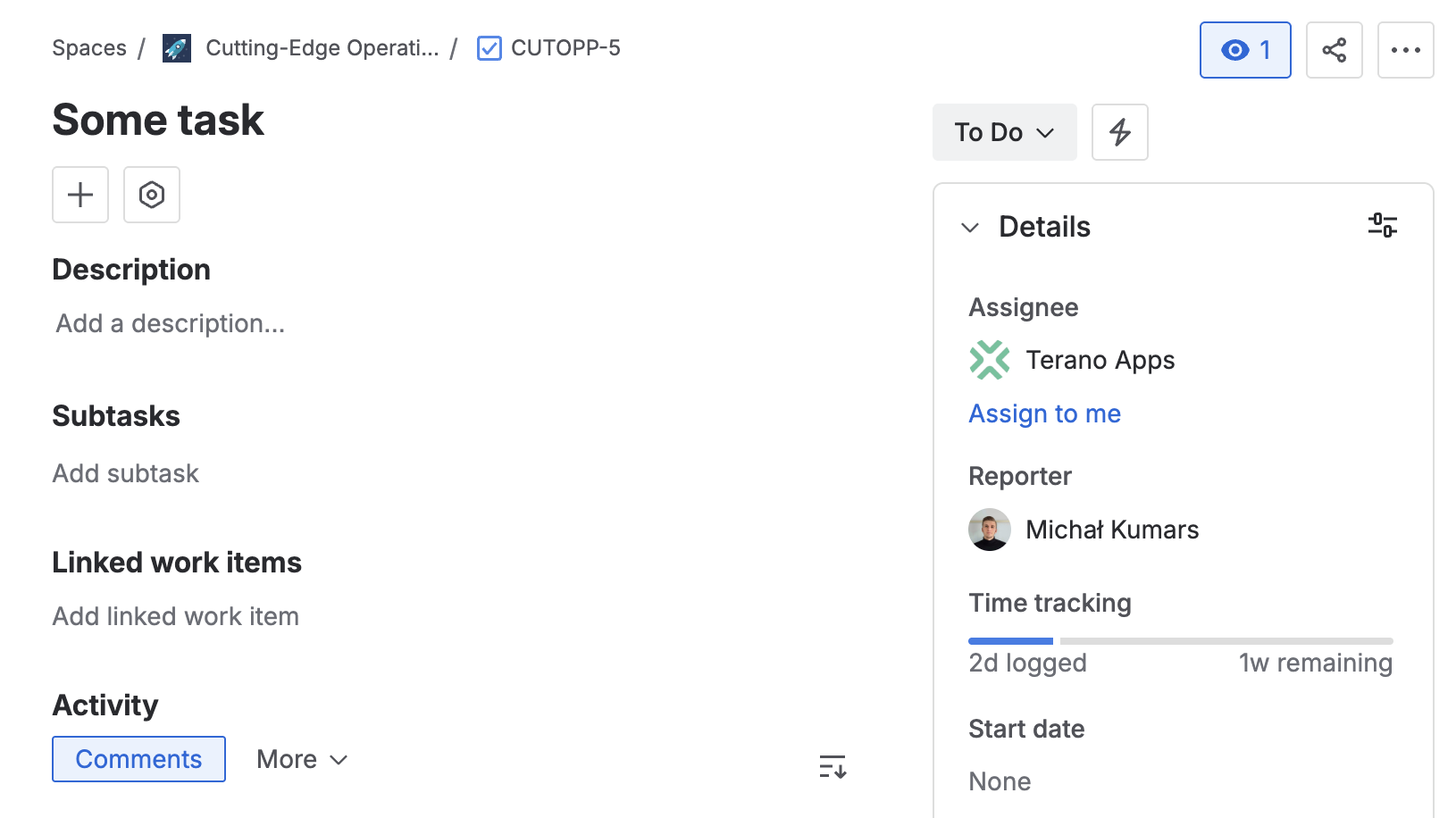 Native Jira time tracking widget on an issue showing logged time and remaining estimate — the data behind originalEstimate, timeSpent, and remainingEstimate in JQL