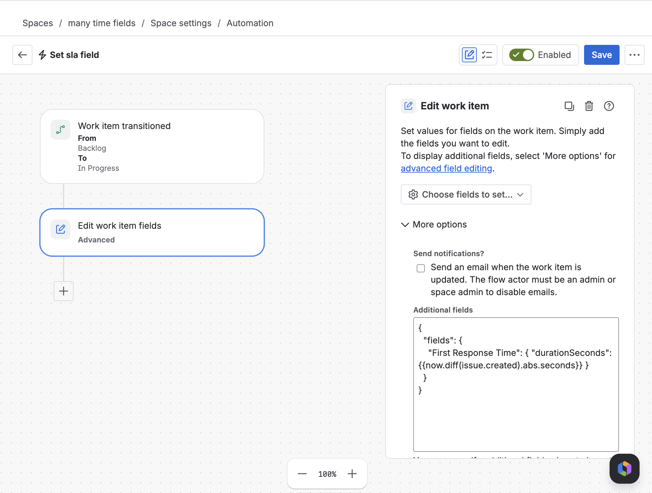Jira Automation rule editor showing the Edit issue action with Additional fields JSON populating First Response Time via durationSeconds