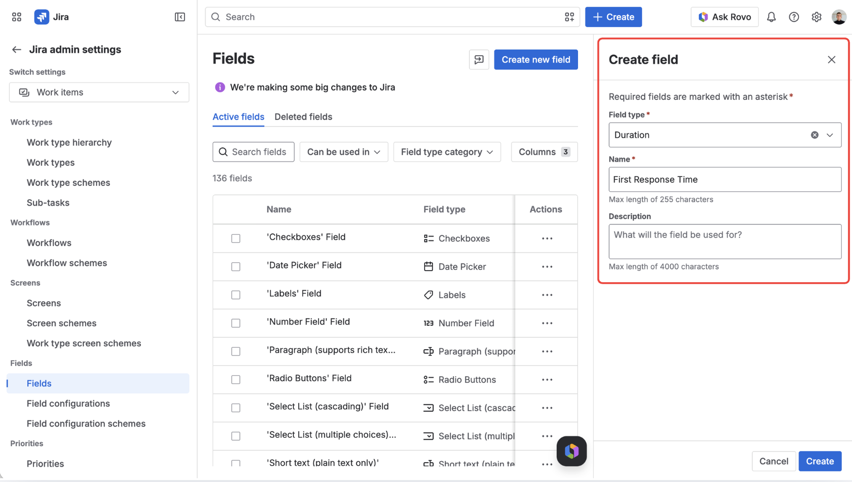 Creating a Duration custom field named First Response Time in Jira settings