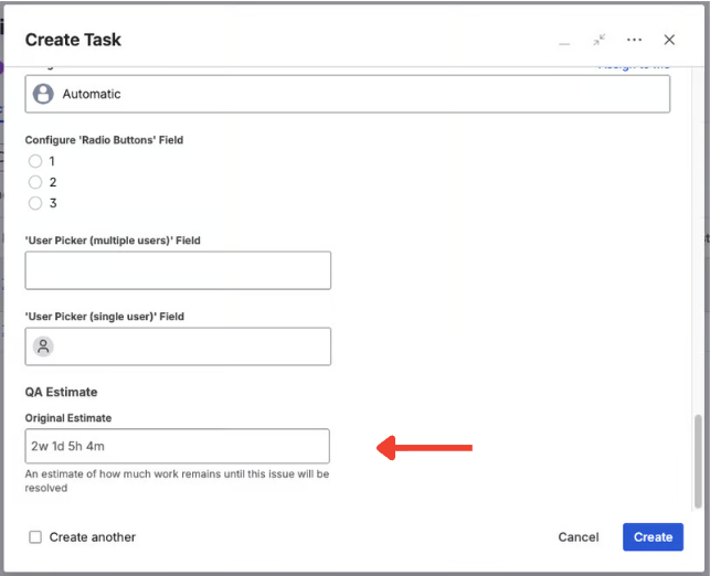 Time Tracking field rendering on the Create issue screen with Original estimate input