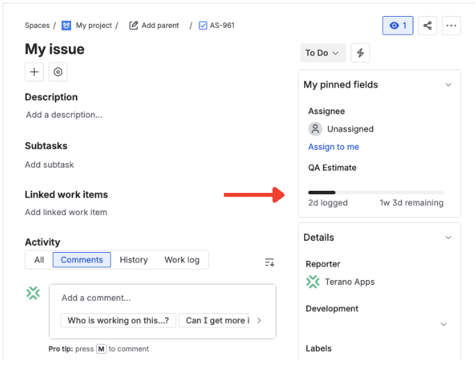 Time Tracking custom field shown on a Jira issue with original estimate, time spent, and remaining