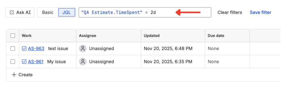 JQL query using a Time Tracking field alias on a Jira issue search