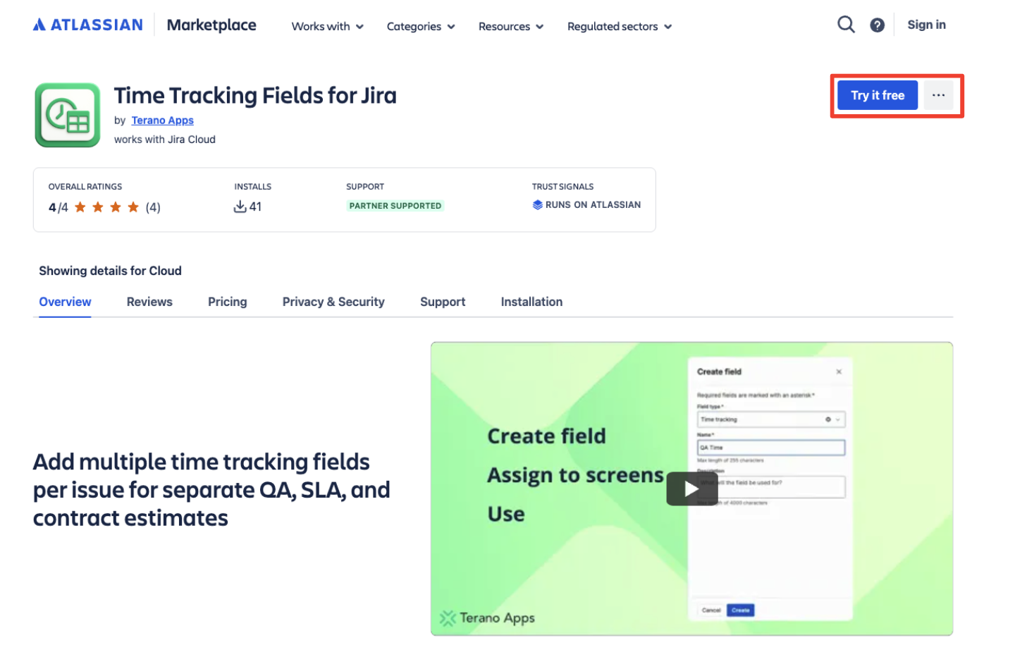 Time Tracking Fields for Jira listing on the Atlassian Marketplace with the Get it now button