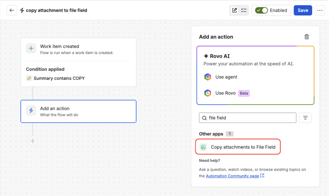 The “Add an action” panel in the Jira Automation rule builder — searching for “file field” lists “Copy attachments to File Field” under Other apps