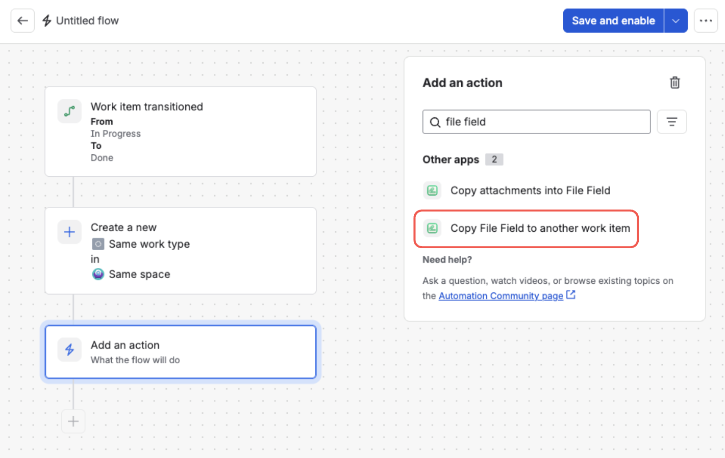 The “Add an action” panel in the Jira Automation rule builder — searching for “file field” lists both File Field actions under Other apps, with “Copy File Field to another work item” highlighted